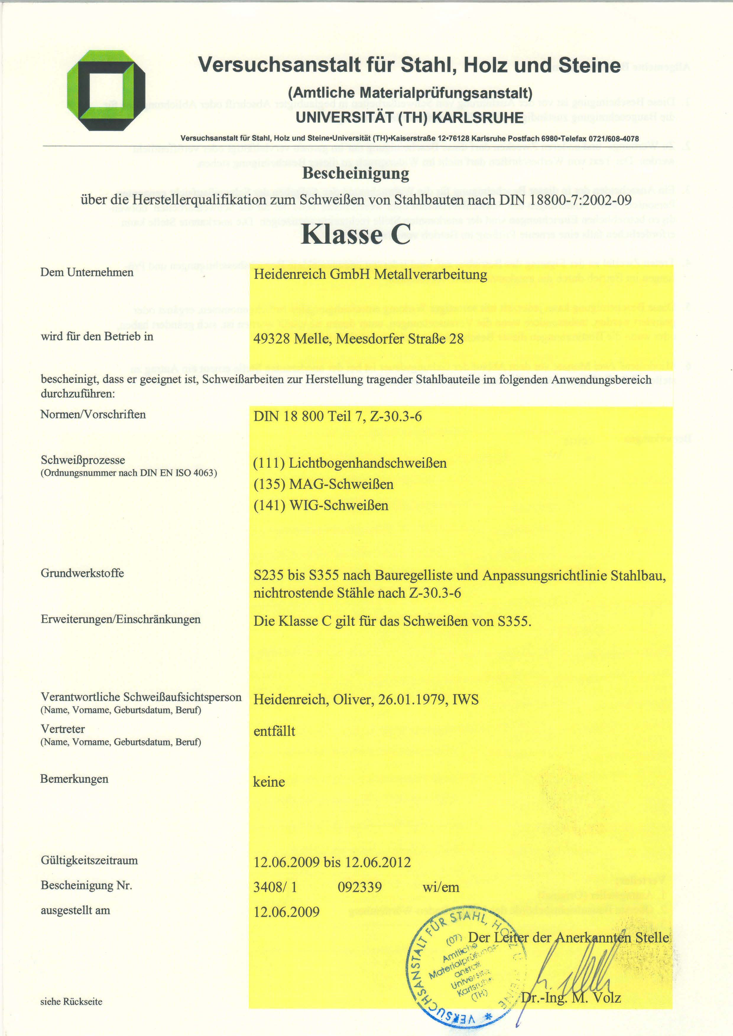 Herstellerqualifikation Klasse C